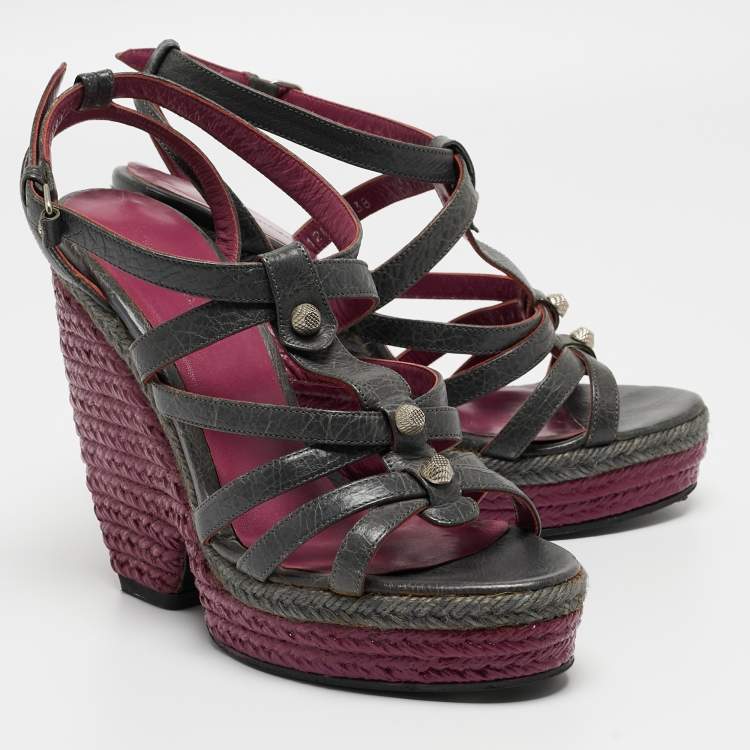 Pre Owned Balenciaga Grey Leather Ankle Strap Wedge Sandals Size 38
