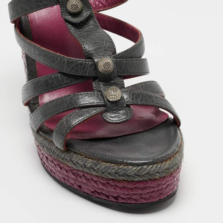 Pre Owned Balenciaga Grey Leather Ankle Strap Wedge Sandals Size 38