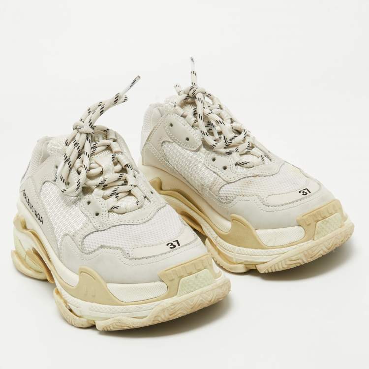 Pre Owned Balenciaga White/Grey Mesh and Leather Triple S Low Top Sneakers Size 37