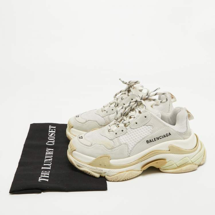 Pre Owned Balenciaga White/Grey Mesh and Leather Triple S Low Top Sneakers Size 37