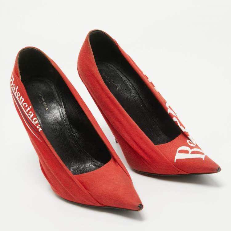 Pre Owned Balenciaga Red Fabric  Knife Pointed Toe  Pumps Size 37.5