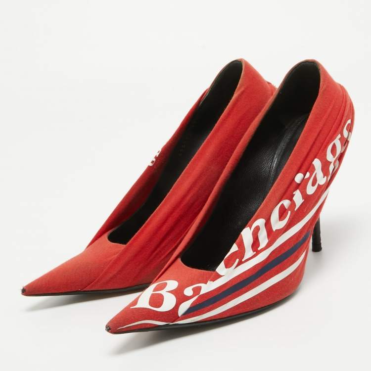 Pre Owned Balenciaga Red Fabric  Knife Pointed Toe  Pumps Size 37.5