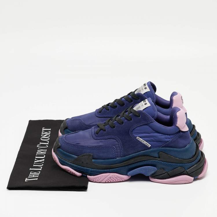 Pre Owned Balenciaga Navy Blue/Pink Suede and Nylon Triple S Sneakers Size 36