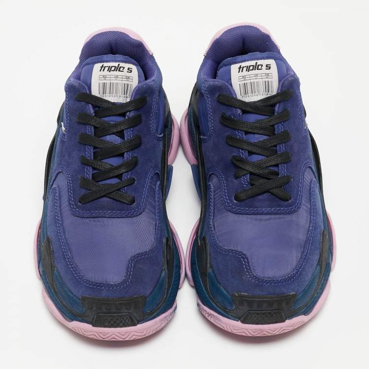 Pre Owned Balenciaga Navy Blue/Pink Suede and Nylon Triple S Sneakers Size 36