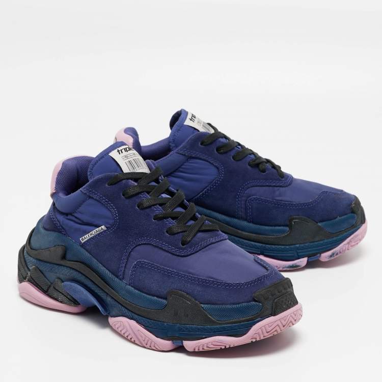 Pre Owned Balenciaga Navy Blue/Pink Suede and Nylon Triple S Sneakers Size 36