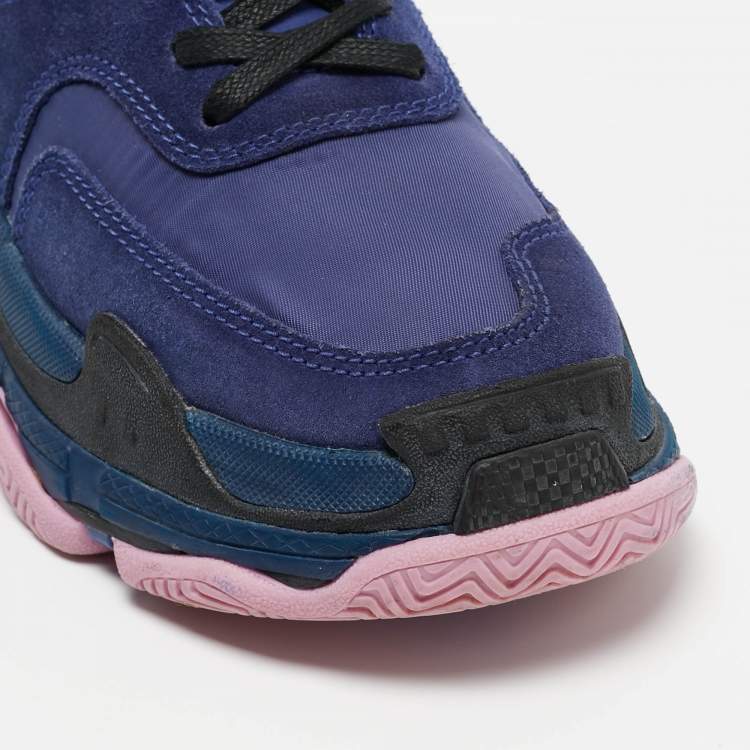 Pre Owned Balenciaga Navy Blue/Pink Suede and Nylon Triple S Sneakers Size 36
