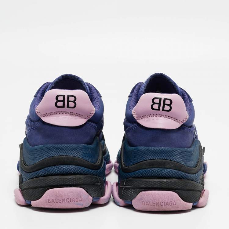 Pre Owned Balenciaga Navy Blue/Pink Suede and Nylon Triple S Sneakers Size 36