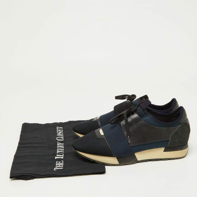 Pre Owned Balenciaga Black/Navy Blue Leather, Mesh and Suede Race Runner Sneakers Size 39