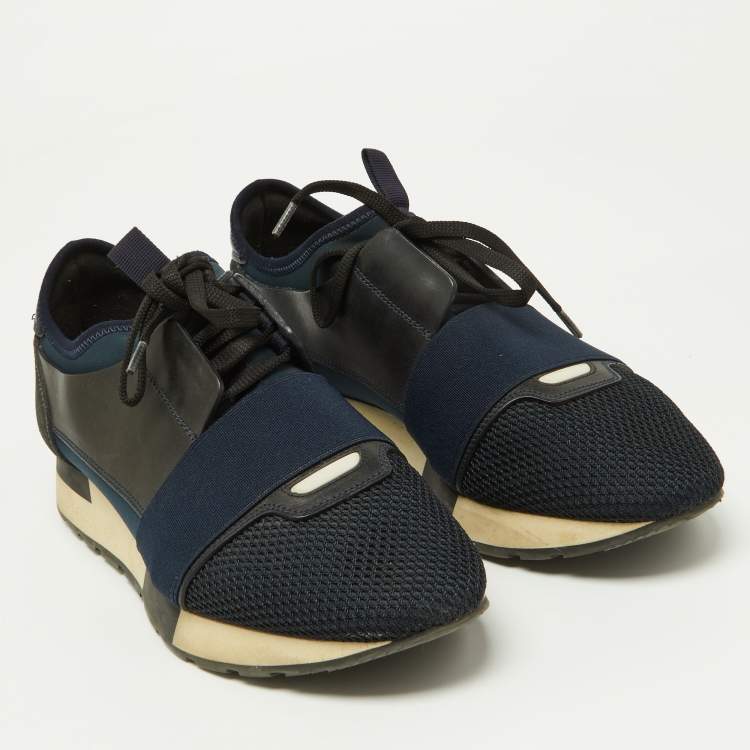 Pre Owned Balenciaga Black/Navy Blue Leather, Mesh and Suede Race Runner Sneakers Size 39