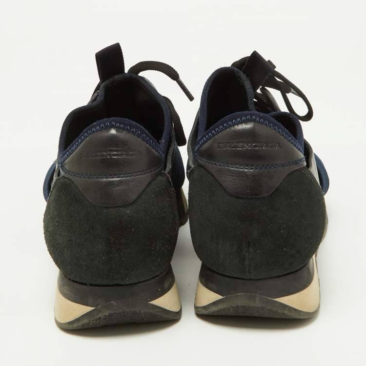 Pre Owned Balenciaga Black/Navy Blue Leather, Mesh and Suede Race Runner Sneakers Size 39