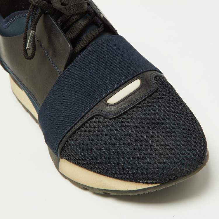 Pre Owned Balenciaga Black/Navy Blue Leather, Mesh and Suede Race Runner Sneakers Size 39