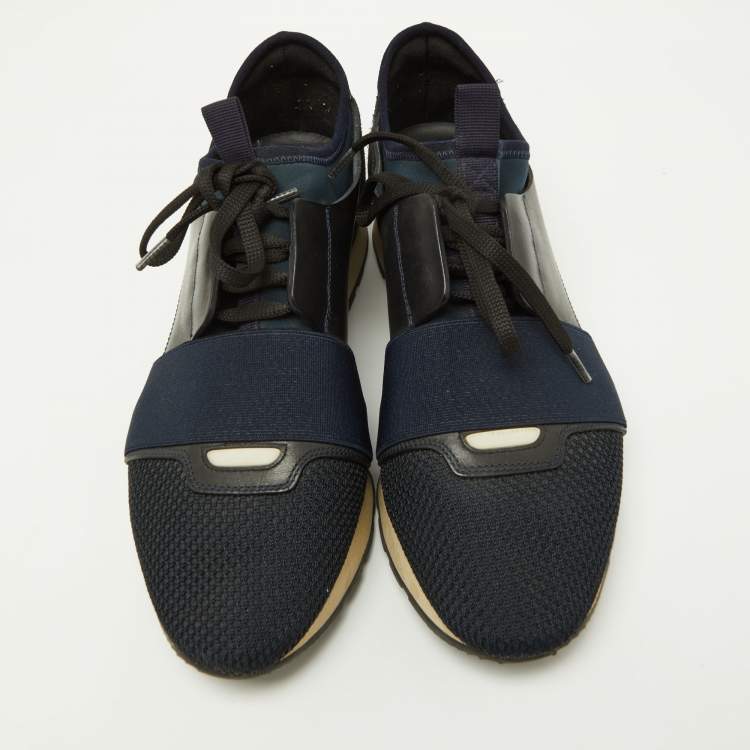 Pre Owned Balenciaga Black/Navy Blue Leather, Mesh and Suede Race Runner Sneakers Size 39