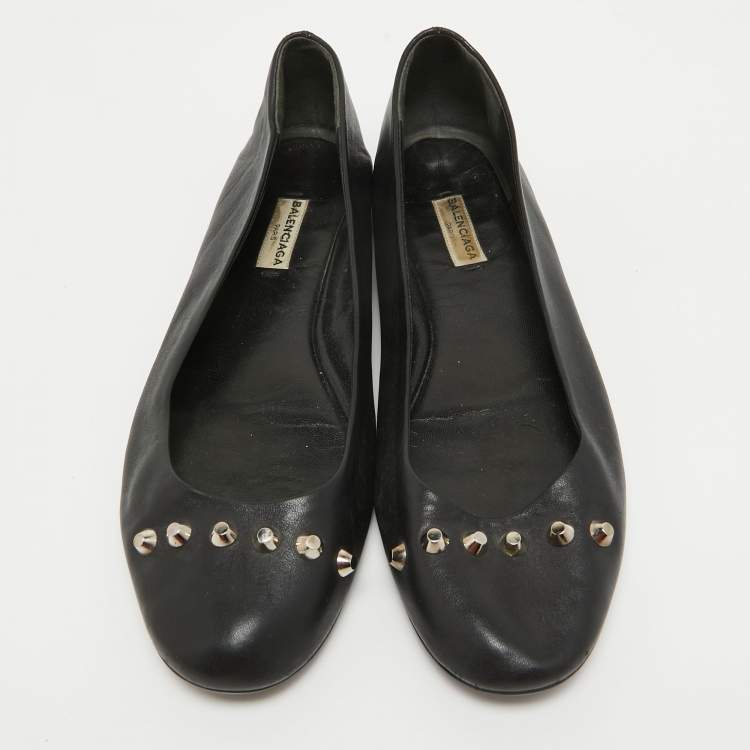 Pre Owned Balenciaga Black Leather Studded Ballet Flats Size 40