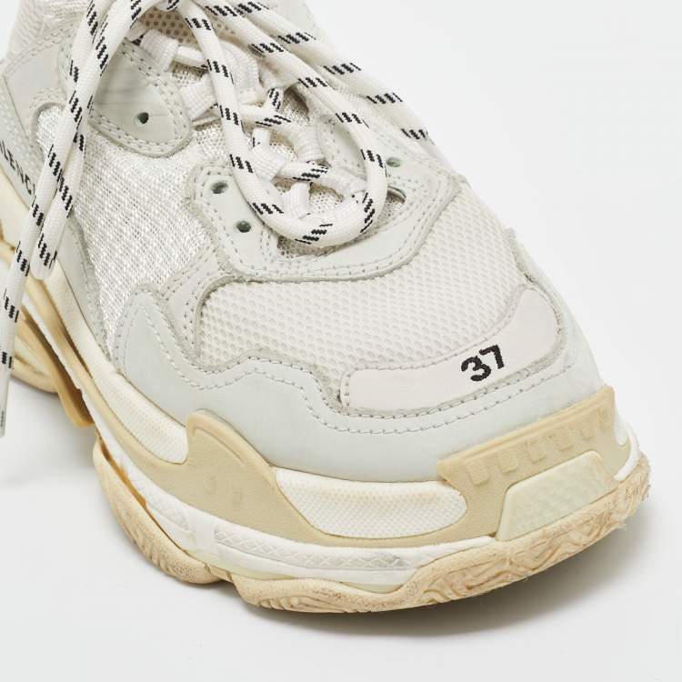 Pre Owned Balenciaga White/Grey Mesh and Leather Triple S Sneakers Size 37 