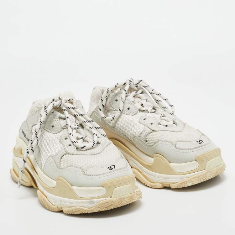 Pre Owned Balenciaga White/Grey Mesh and Leather Triple S Sneakers Size 37 