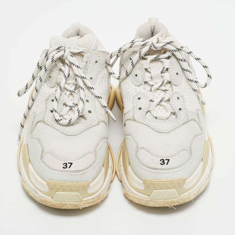 Pre Owned Balenciaga White/Grey Mesh and Leather Triple S Sneakers Size 37 