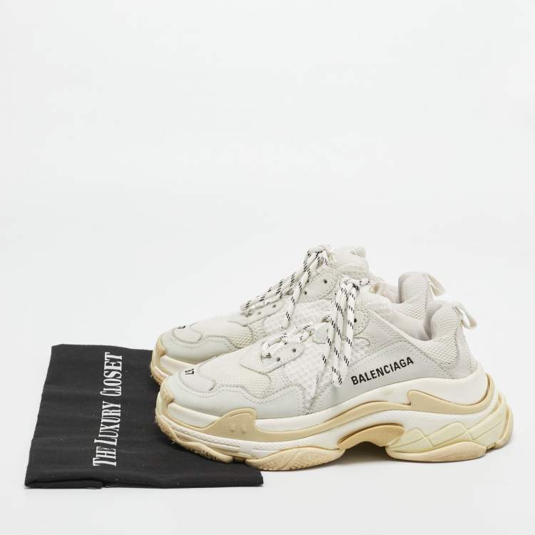 Pre Owned Balenciaga White/Grey Mesh and Leather Triple S Sneakers Size 37 