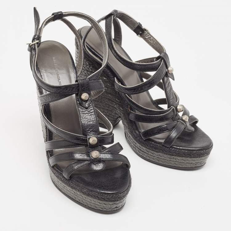Pre Owned Balenciaga Black Leather Arena Wedge Espadrille Ankle Strap Sandals Size 40