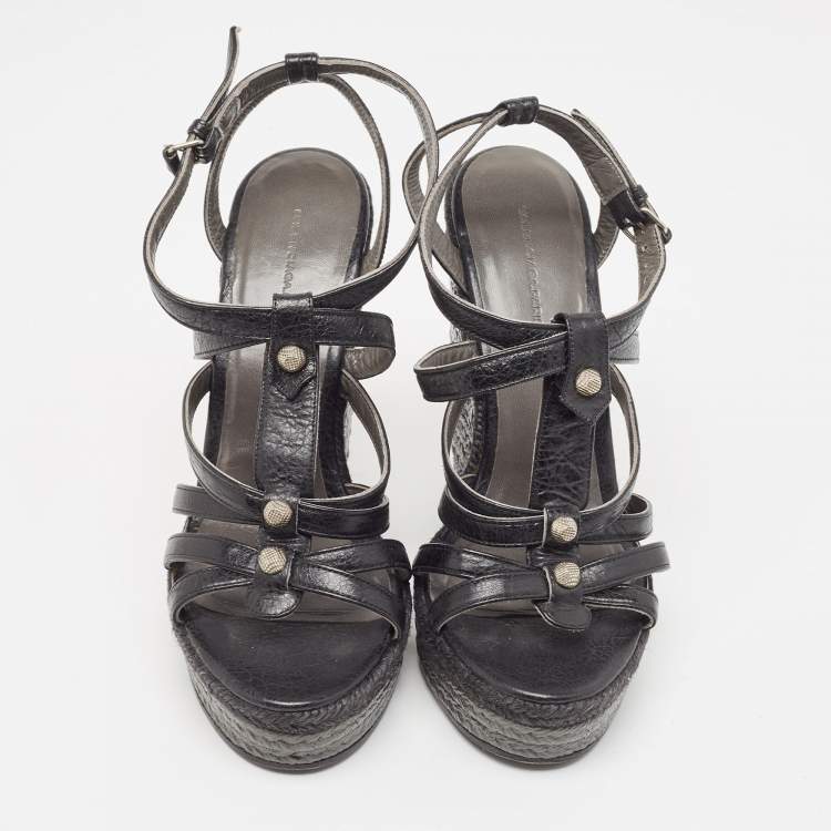 Pre Owned Balenciaga Black Leather Arena Wedge Espadrille Ankle Strap Sandals Size 40