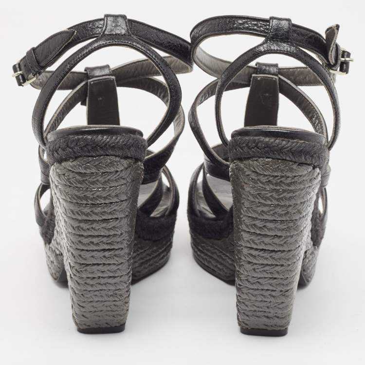 Pre Owned Balenciaga Black Leather Arena Wedge Espadrille Ankle Strap Sandals Size 40