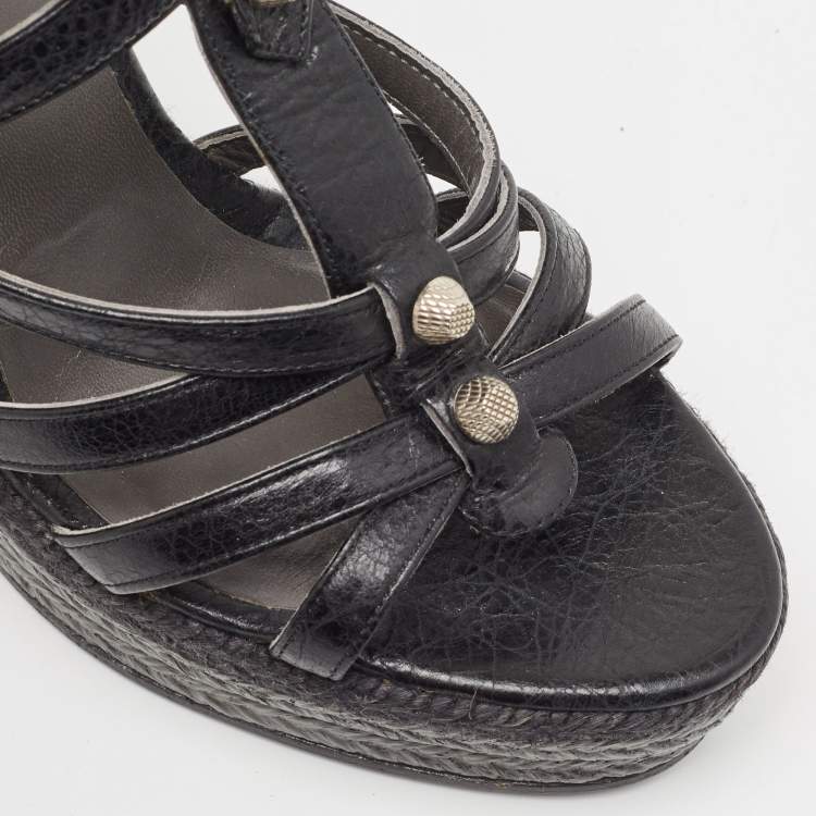 Pre Owned Balenciaga Black Leather Arena Wedge Espadrille Ankle Strap Sandals Size 40