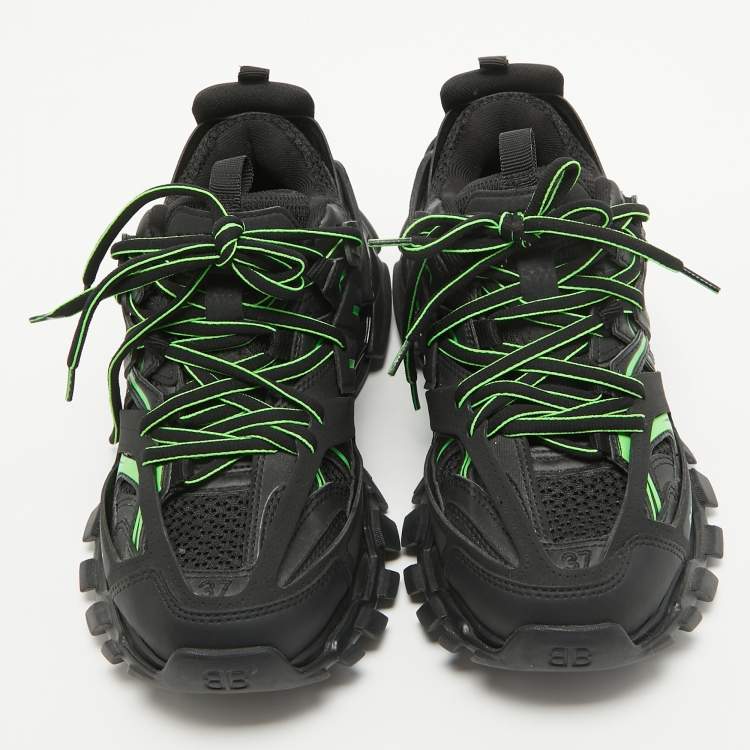 Pre Owned Balenciaga Black/Green Rubber and Mesh Track Sneakers Size 37