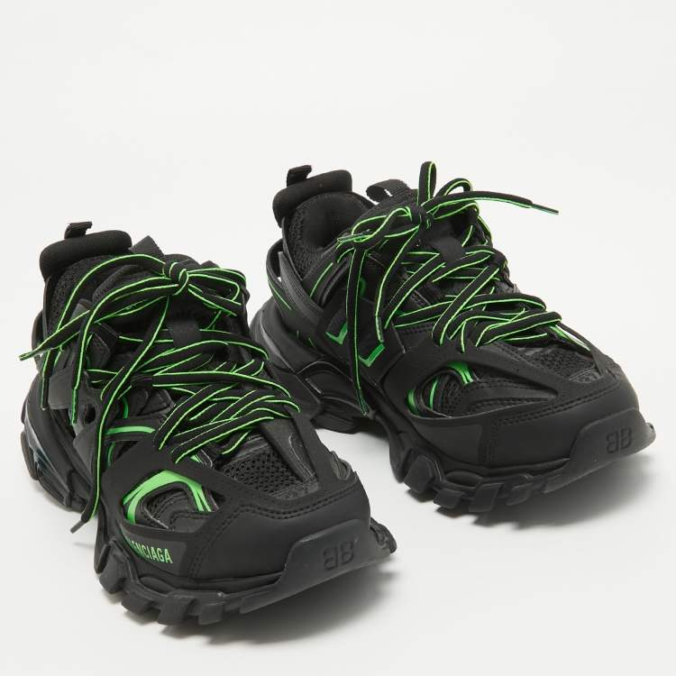 Pre Owned Balenciaga Black/Green Rubber and Mesh Track Sneakers Size 37
