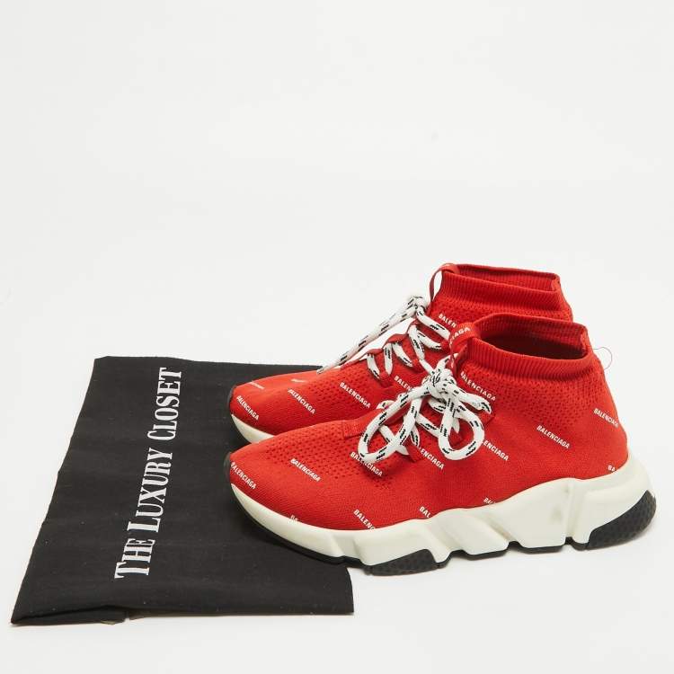 Pre Owned Balenciaga Red Knit Fabric Speed High Top Sneakers Size 36