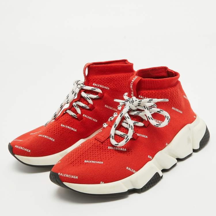 Pre Owned Balenciaga Red Knit Fabric Speed High Top Sneakers Size 36