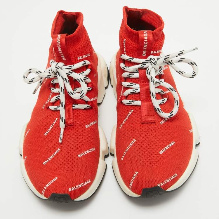 Pre Owned Balenciaga Red Knit Fabric Speed High Top Sneakers Size 36