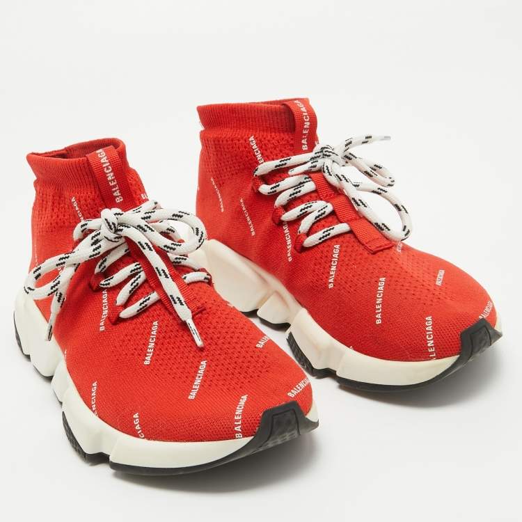Pre Owned Balenciaga Red Knit Fabric Speed High Top Sneakers Size 36
