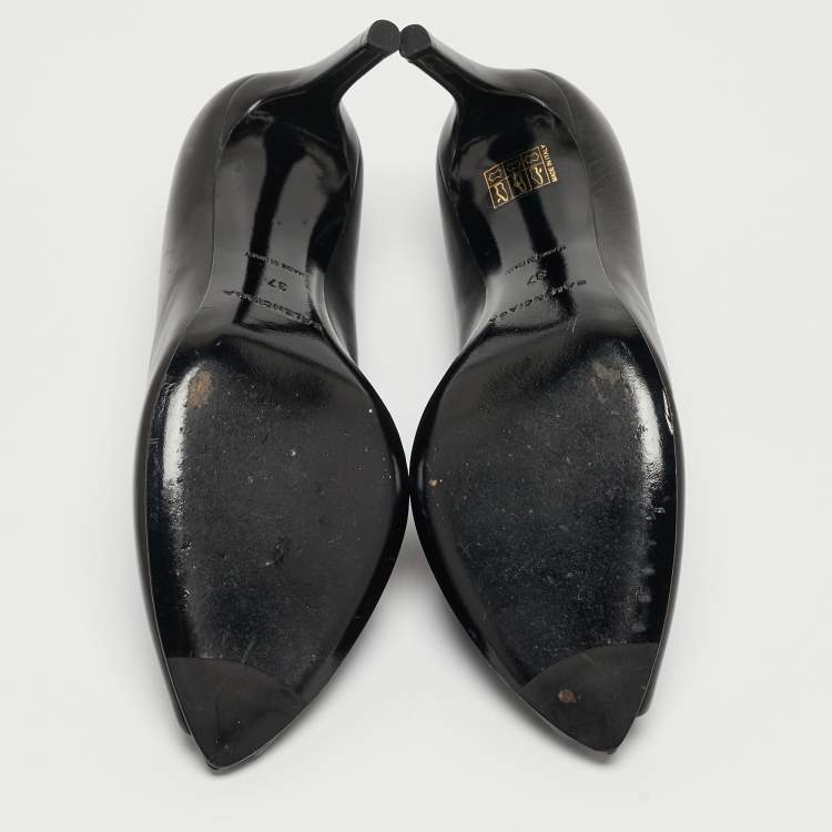 Pre Owned Balenciaga Black Leather V Neck Open Toe  Pumps Size 37