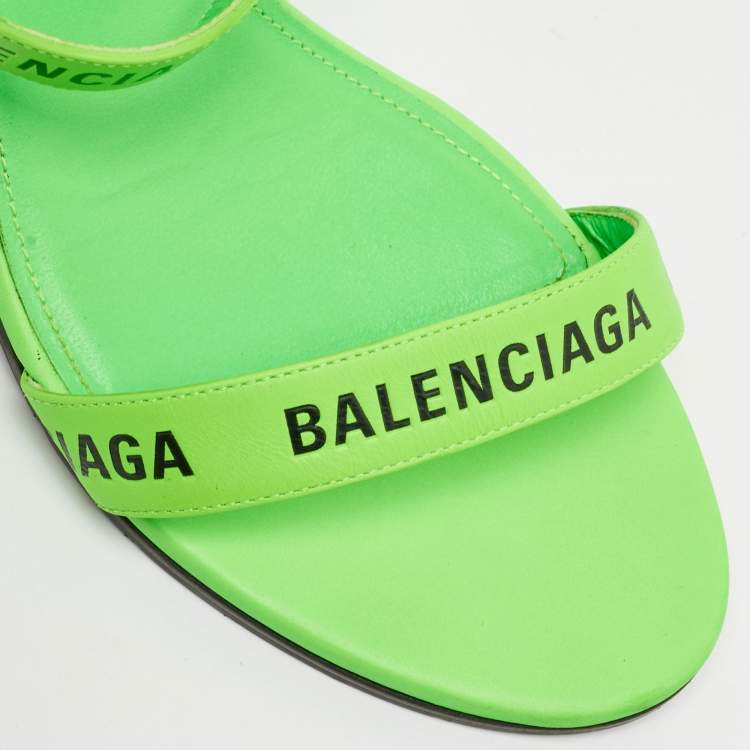 Pre Owned Balenciaga Neon Green Leather Allover Logo Ankle Strap Sandals Size 40