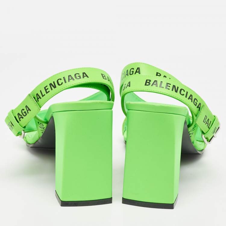 Pre Owned Balenciaga Neon Green Leather Allover Logo Ankle Strap Sandals Size 40