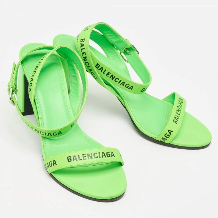 Pre Owned Balenciaga Neon Green Leather Allover Logo Ankle Strap Sandals Size 40