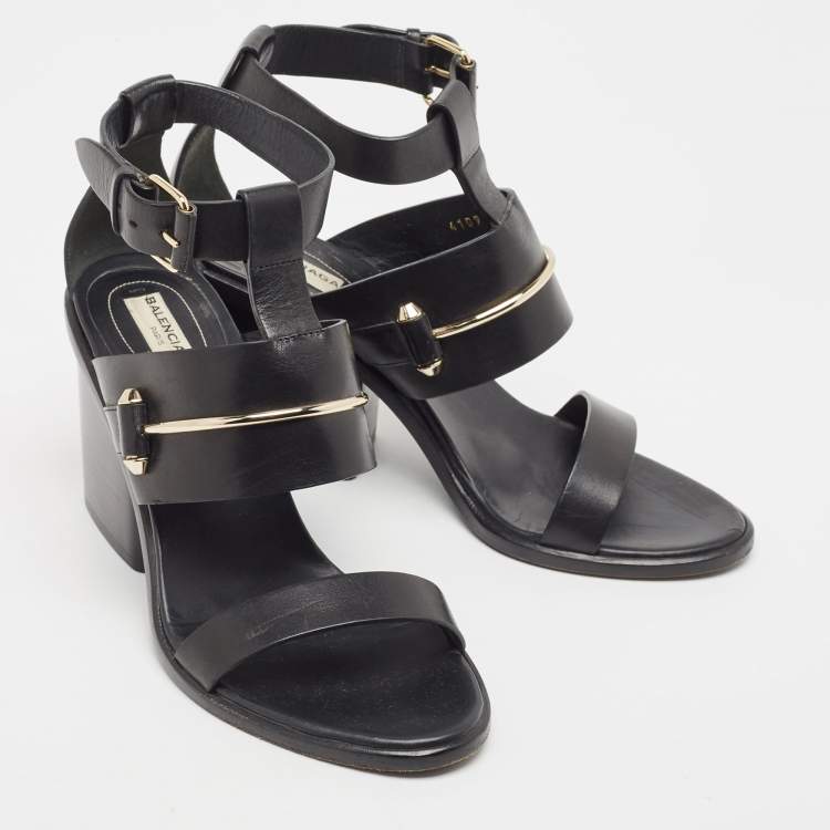 مملوكة مسبقًا Balenciaga Black Leather Block Heel Ankle Strap Sandals Size 38