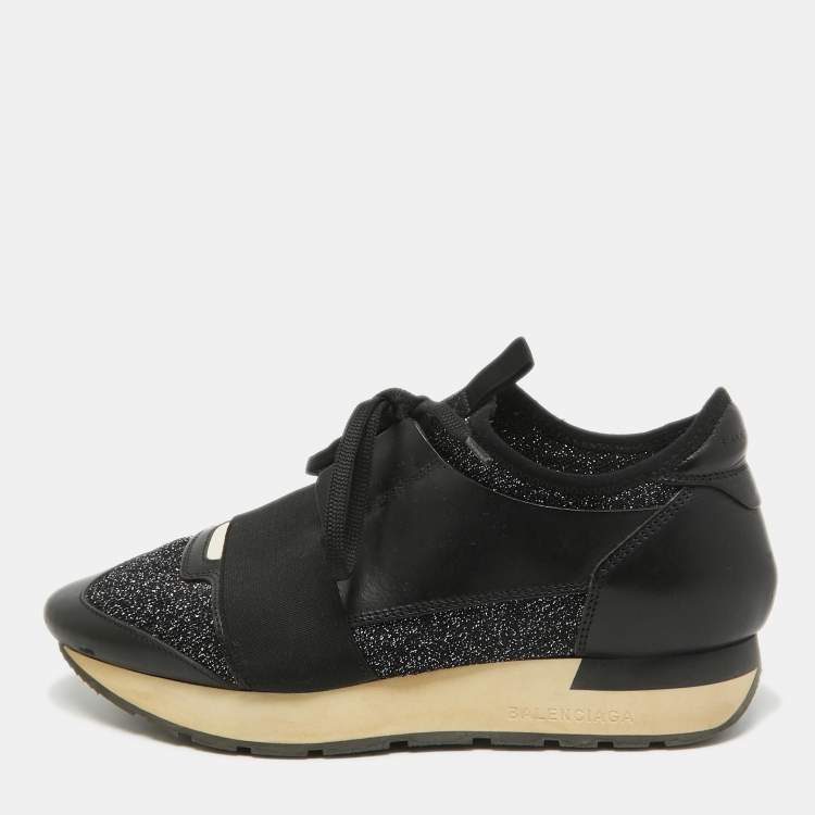 Pre Owned Balenciaga Black Leather and Glitter Knit Fabric Race Runner Sneakers Size 37