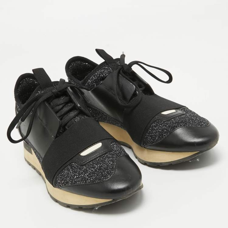 Pre Owned Balenciaga Black Leather and Glitter Knit Fabric Race Runner Sneakers Size 37