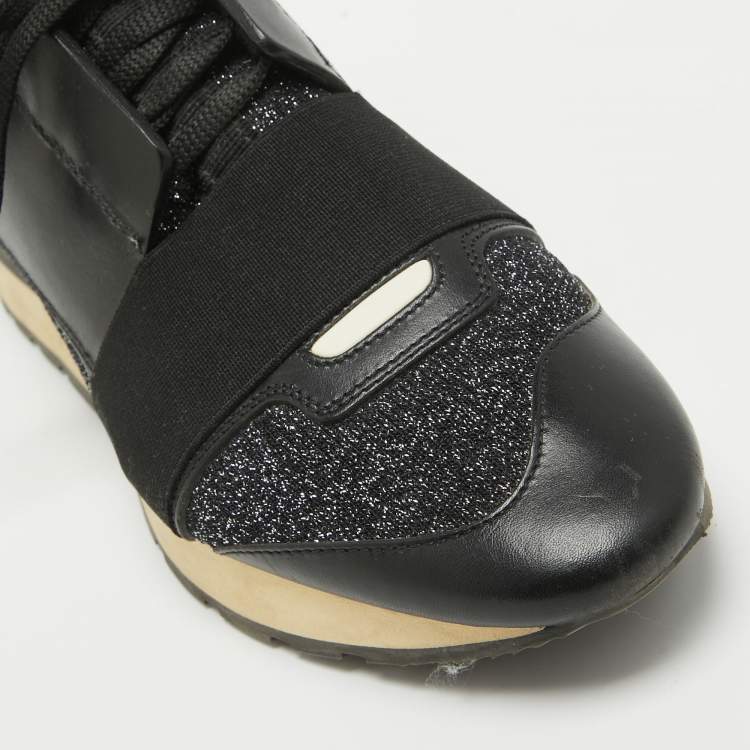 Pre Owned Balenciaga Black Leather and Glitter Knit Fabric Race Runner Sneakers Size 37