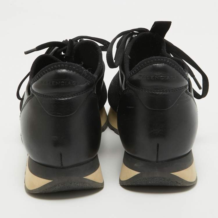 Pre Owned Balenciaga Black Leather and Glitter Knit Fabric Race Runner Sneakers Size 37