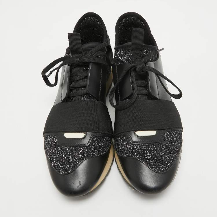 Pre Owned Balenciaga Black Leather and Glitter Knit Fabric Race Runner Sneakers Size 37