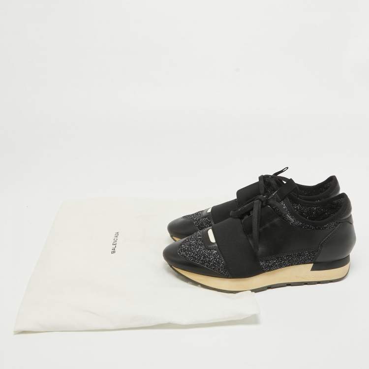 Pre Owned Balenciaga Black Leather and Glitter Knit Fabric Race Runner Sneakers Size 37