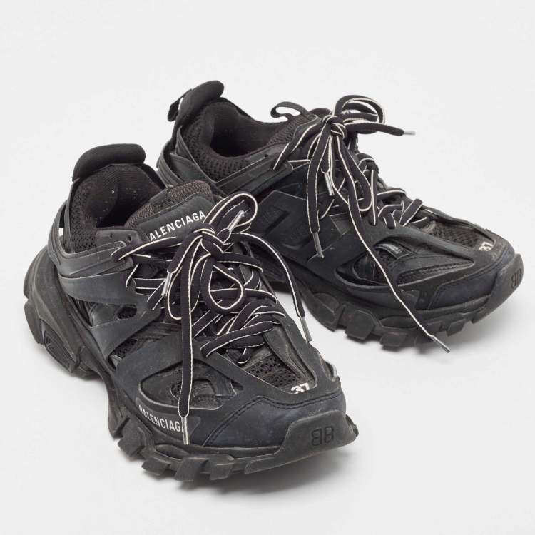 Pre Owned Balenciaga Black Faux Leather and Mesh Track Sneakers Size 37