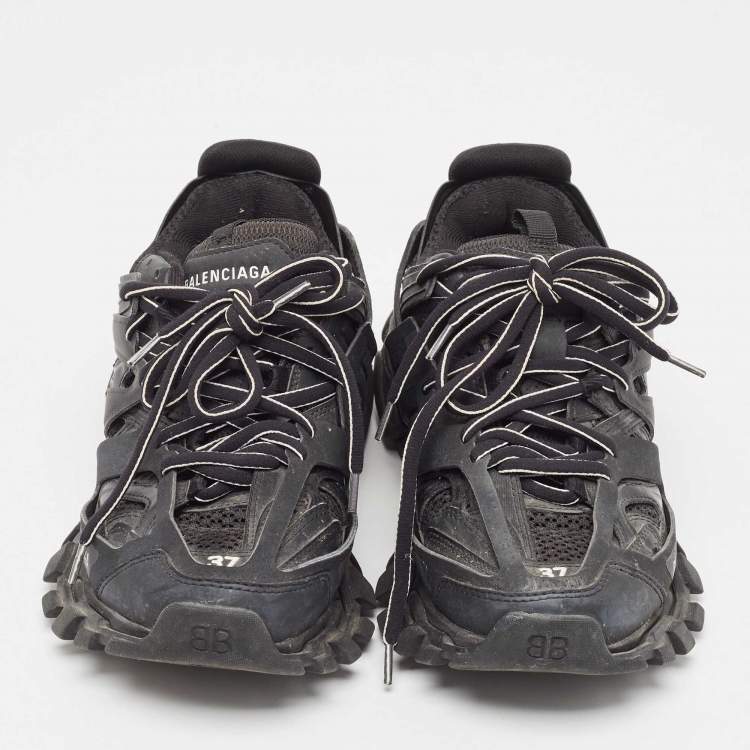 Pre Owned Balenciaga Black Faux Leather and Mesh Track Sneakers Size 37