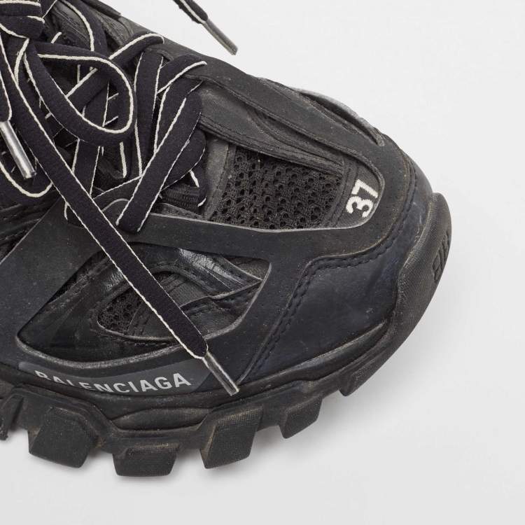 Pre Owned Balenciaga Black Faux Leather and Mesh Track Sneakers Size 37