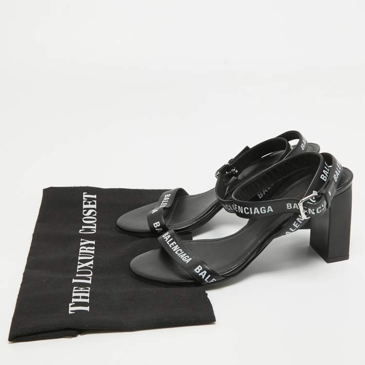 Pre Owned Balenciaga Black Logo Print Leather Ankle Strap Sandals Size 38
