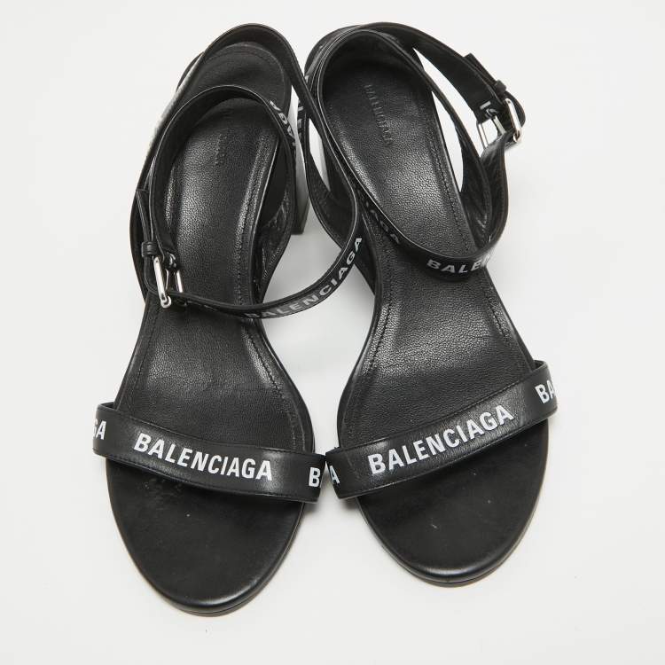 Pre Owned Balenciaga Black Logo Print Leather Ankle Strap Sandals Size 38