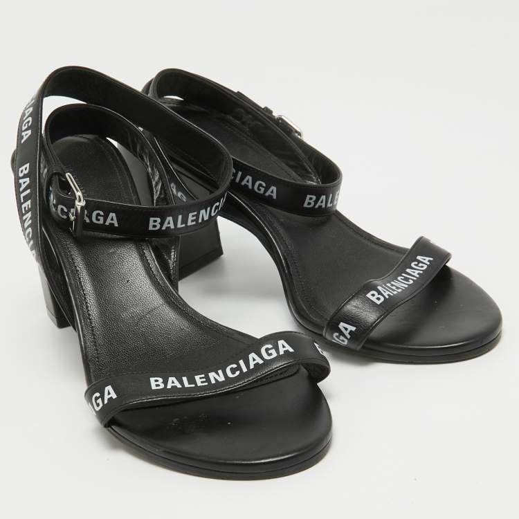 Pre Owned Balenciaga Black Logo Print Leather Ankle Strap Sandals Size 38