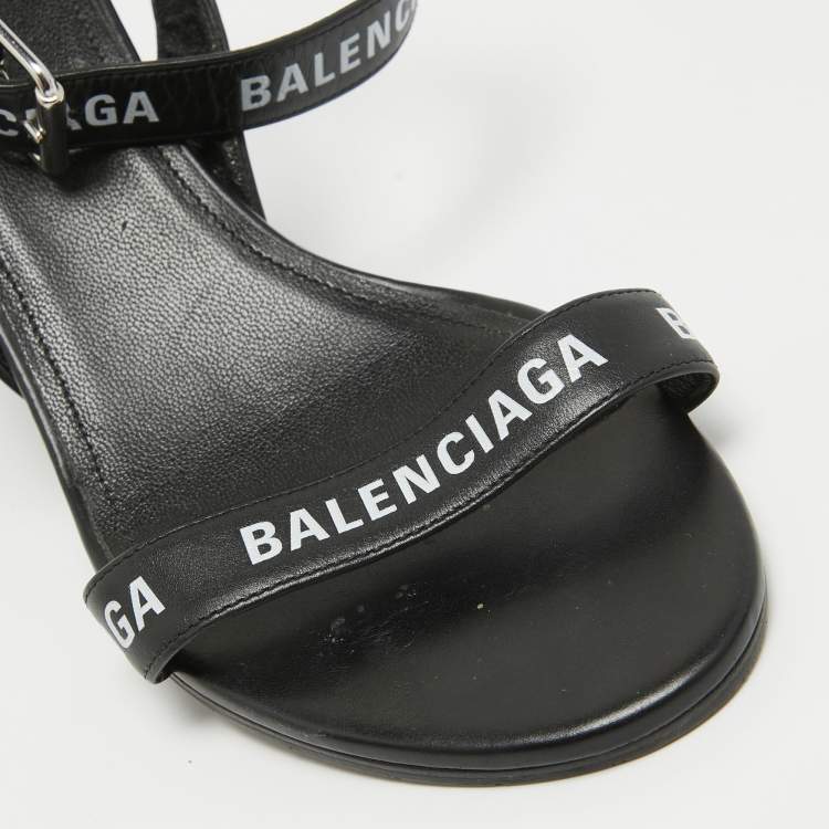 Pre Owned Balenciaga Black Logo Print Leather Ankle Strap Sandals Size 38