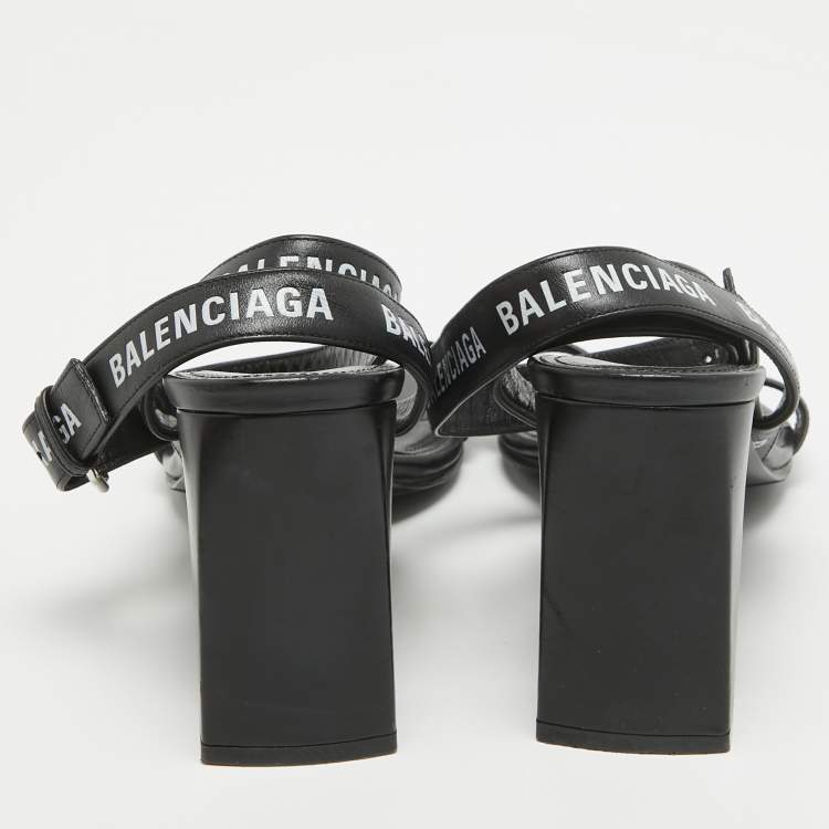 Pre Owned Balenciaga Black Logo Print Leather Ankle Strap Sandals Size 38